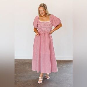 NWOT Wishlist Red Gingham Midi Dress with Puff Sleeves and Drawstring Waist